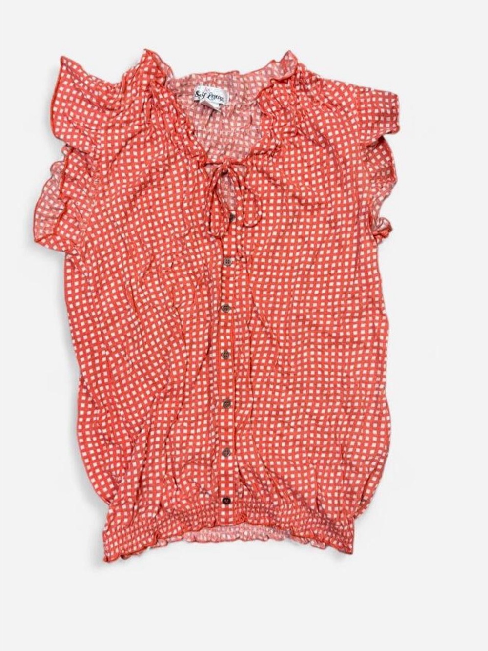 Self Esteem Coral Dot Ruffle Tie-Front Blouse